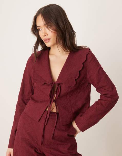 ASOS DESIGN - Mørk kirsebærrød skræddersyet jakke med bølget krave og bindebånd foran - Del af sæt - view 1