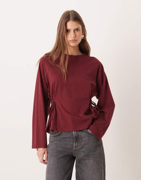 ASOS DESIGN - Mørk kirsebærrød top med lange ærmer og bindebånd i taljen - view 1