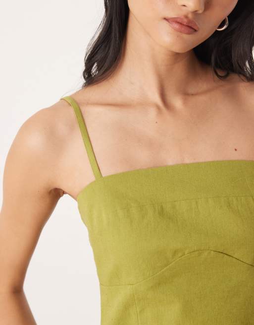 ASOS DESIGN - Mørk limegrøn cami-minikjole i bomuld og hør med figursyet design over brystet, 3 af 4