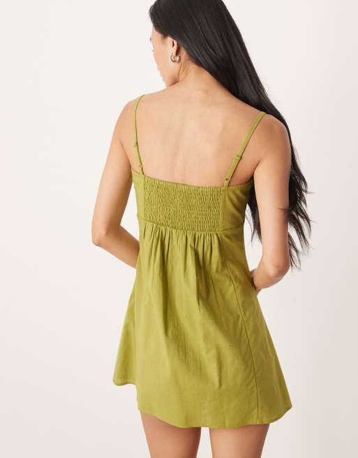 ASOS DESIGN - Mørk limegrøn cami-minikjole i bomuld og hør med figursyet design over brystet, 4 af 4