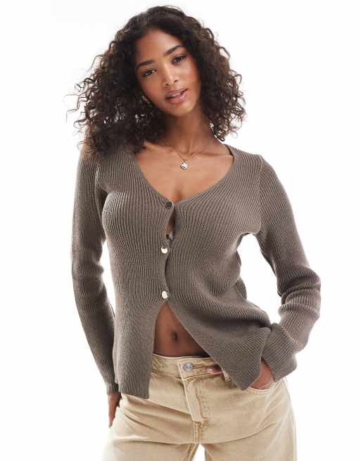 ASOS DESIGN - Mørk og blågrøn cardigan i strik med struktur og V-hals samt gyldne knapper