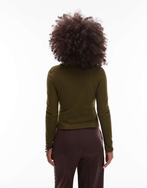 ASOS DESIGN - Mørk olivengrøn langærmet top med udskæring i superblødt stof, 3 af 4