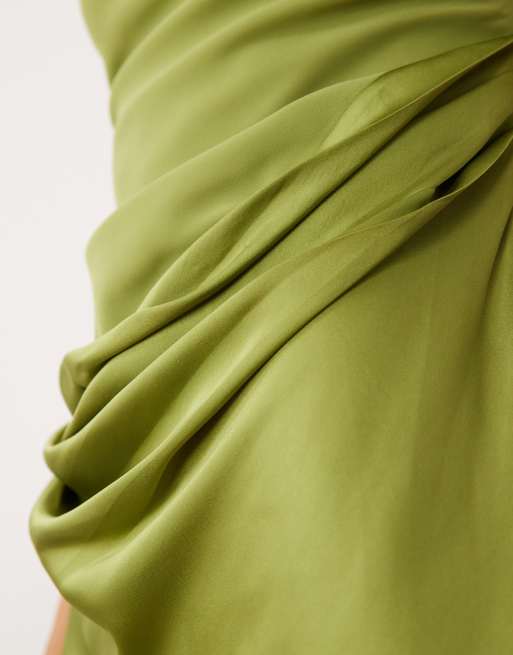 ASOS DESIGN - Mørk olivengrøn minikjole i satinstil med dyb rund hals og asymmetrisk draperet skørt-overlag, 4 af 4