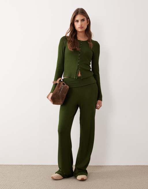 ASOS DESIGN - Mørk olivengrøn ribstrikket cardigan med lange ærmer, 4 af 4
