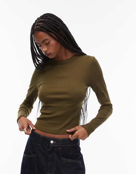 ASOS DESIGN - Mørk olivengrøn ribstrikket top med rund hals og lange ærmer - view 1