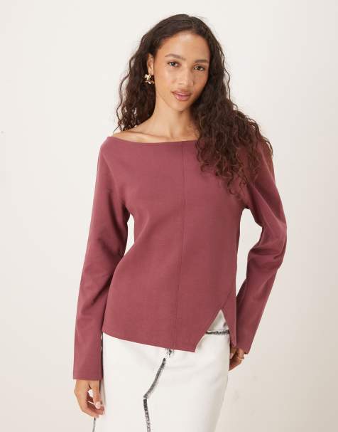 ASOS DESIGN - Mørk rosa offshoulder-T-shirt med lange ærmer og interlock-sømme foran - view 1