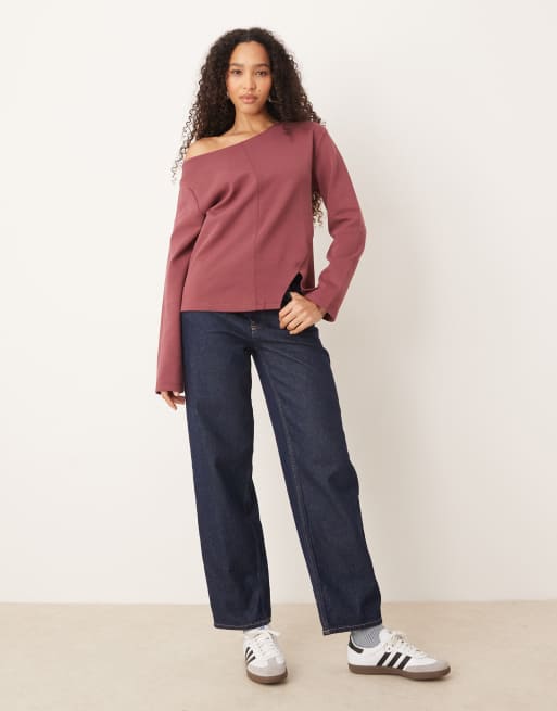 ASOS DESIGN - Mørk rosa offshoulder-T-shirt med lange ærmer og interlock-sømme foran, 3 af 4