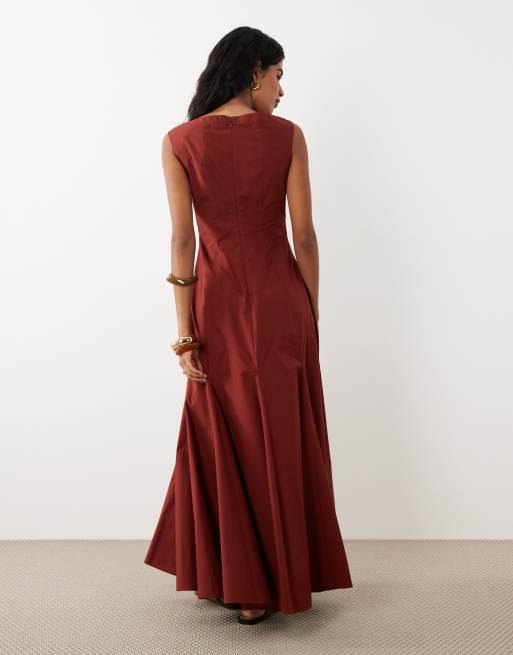 ASOS DESIGN - Mørk rustrød maxikjole i poplin med firkantet hals og sænket talje samt kiler, 4 af 4