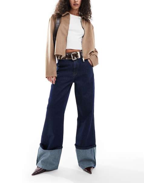 ASOS DESIGN - Mørkeblå jeans med vide ben og brede, opsmøgne buksekanter - view 1