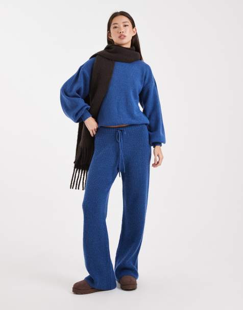 ASOS DESIGN - Mørkeblå ribstrikkede bukser med brede ben - Del af sæt - view 1