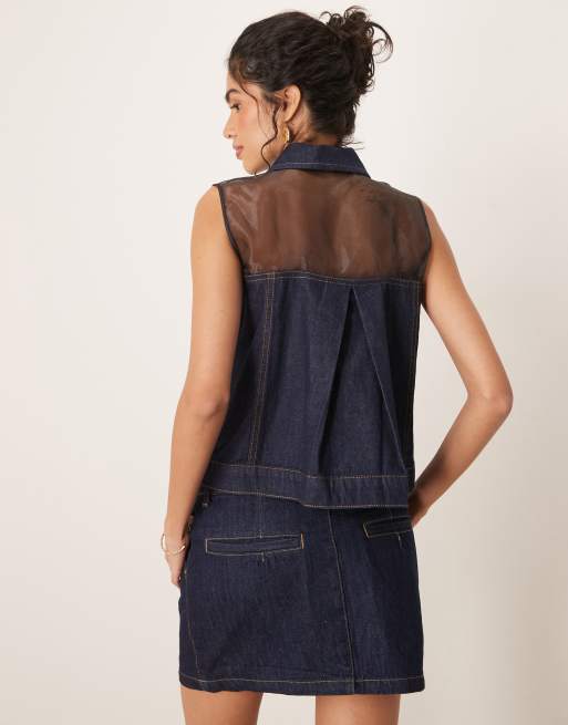 ASOS DESIGN - Mørkeblå skjorte med todelt design i chiffon og denim, 3 af 4