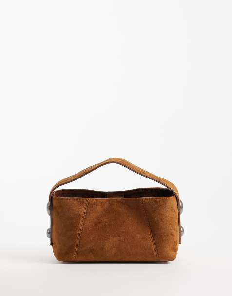 ASOS DESIGN - Mørkebrun håndtaske i imiteret ruskind med nitter og aftagelig crossbody-rem - view 1