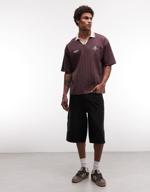 ASOS DESIGN - Mørkebrun oversized polo i kraftigt materiale med tekstur og broderi foran samt brede ribber, 2 af 5