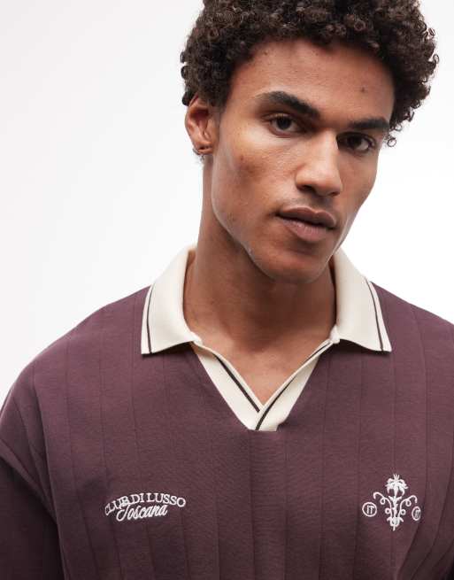 ASOS DESIGN - Mørkebrun oversized polo i kraftigt materiale med tekstur og broderi foran samt brede ribber, 3 af 5