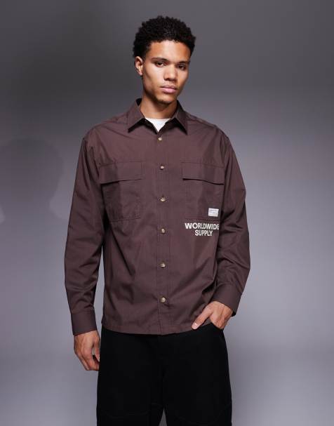 ASOS DESIGN - Mørkebrun oversized skjorte med print foran og mærke - view 1