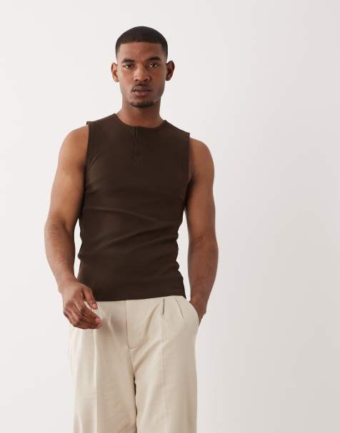 ASOS DESIGN - Mørkebrun ribstrikket tætsiddende tanktop med henley-hals - view 1