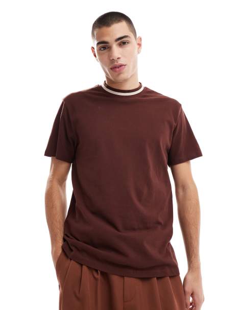 ASOS DESIGN - Mørkebrun t-shirt med kontrastfarvet kant i halsen - view 1