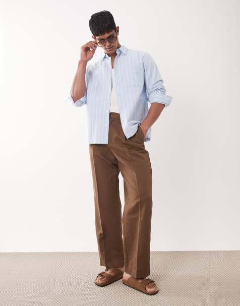 ASOS DESIGN - Mørkebrune elegante bukser med vide ben og plisseringer i hørblanding - view 1