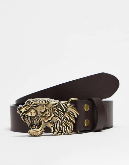 ASOS DESIGN - Mørkebrunt bælte i imiteret læder med tigerspænde