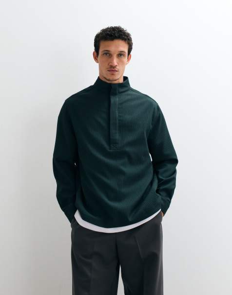 ASOS DESIGN - Mørkegrøn afslappet overhead-skjorte med ståkrave - view 1