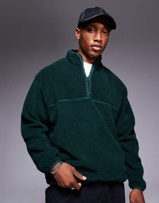 ASOS DESIGN - Mørkegrøn afslappet sweatshirt i imiteret lammeskind med kvart lynlås, 2 af 4
