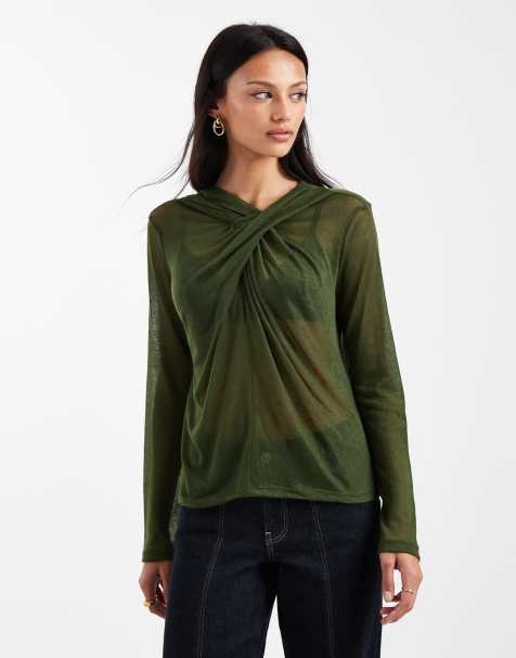 ASOS DESIGN - Mørkegrøn blød halvgennemsigtig top med draperet hals og lange ærmer - view 1