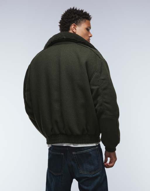 ASOS DESIGN - Mørkegrøn bomber-jakke i uldblanding med imiteret pelskrave, 3 af 5