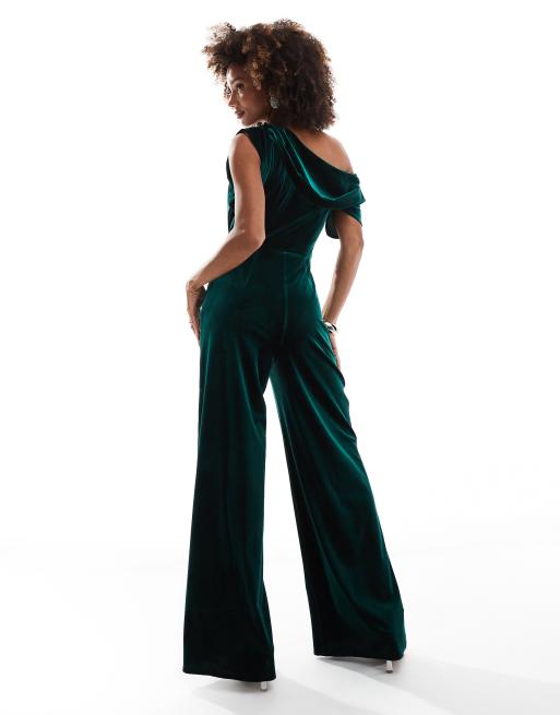 ASOS DESIGN - Mørkegrøn jumpsuit i velour med sænkede skuldre og ben med vidde, 4 af 4