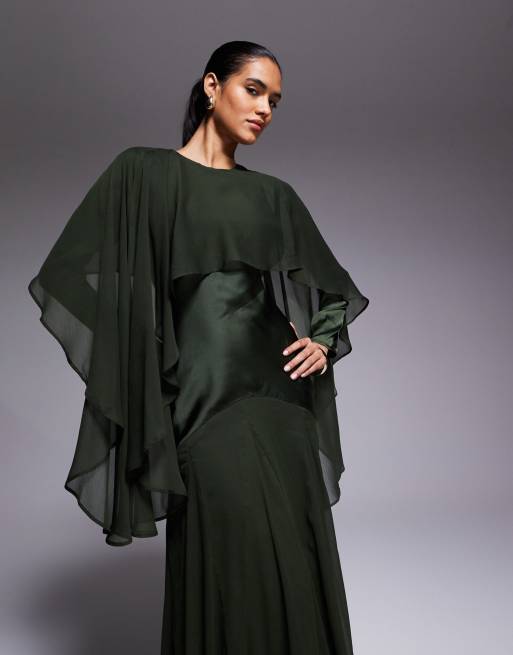 ASOS DESIGN - Mørkegrøn maxikjole i satin- og chiffonblanding med flæser og kappedetalje, 2 af 4