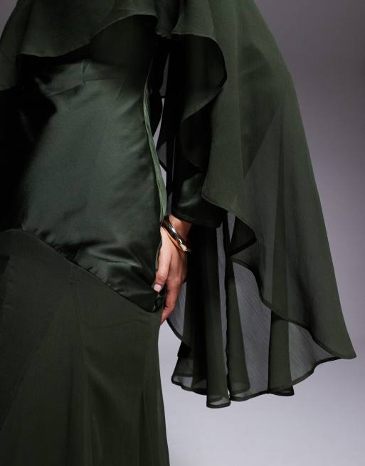 ASOS DESIGN - Mørkegrøn maxikjole i satin- og chiffonblanding med flæser og kappedetalje, 4 af 4