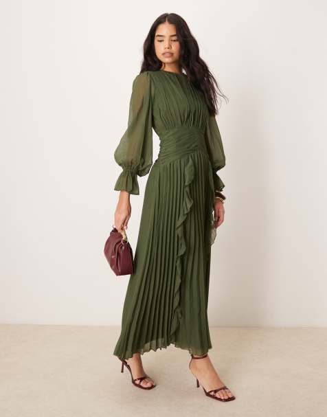 ASOS DESIGN - Mørkegrøn maxikjole med høj hals og rynket bæltedetalje - view 1