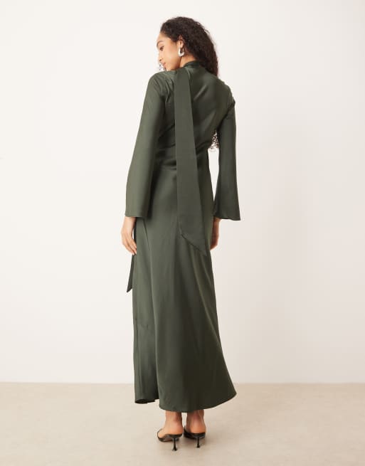 ASOS DESIGN - Mørkegrøn maxikjole med V-hals, lange ærmer og tørklædedetalje, 3 af 4