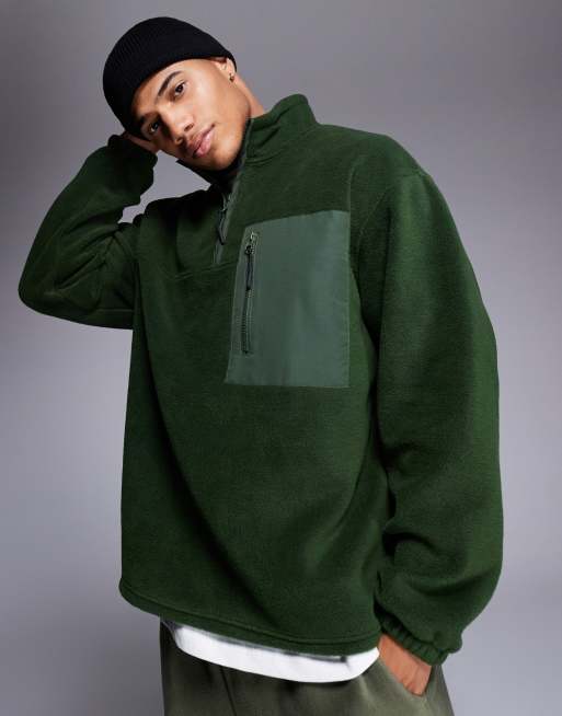 ASOS DESIGN - Mørkegrøn og oversized sweatshirt i fleece med kvart lynlås og brystlomme