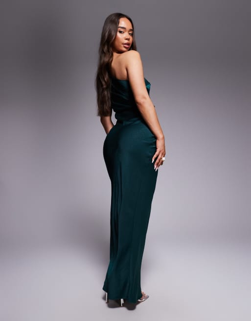 ASOS DESIGN - Mørkegrøn oneshoulder-maxikjole med knudedetalje i satin, 3 af 4