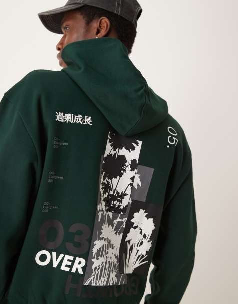ASOS DESIGN - Mørkegrøn oversized hættetrøje med blomsterprint på ryggen i firkantet pasform - view 1