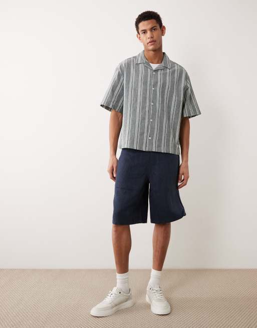 ASOS DESIGN - Mørkegrøn oversized skjorte i hørlook med striber og firkantet pasform, 3 af 6