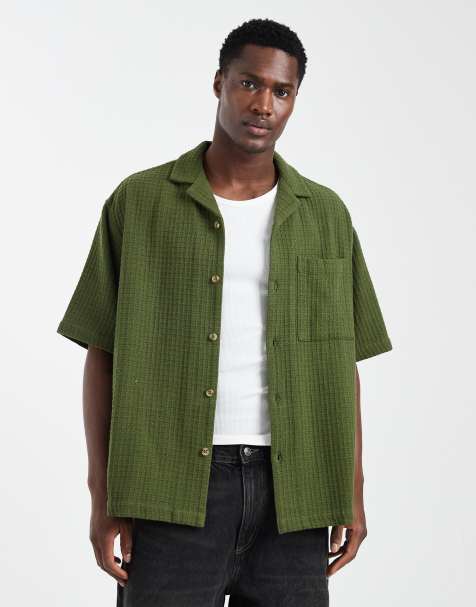 ASOS DESIGN - Mørkegrøn oversized skjorte med reverskrave og tekstur i firkantet pasform - view 1