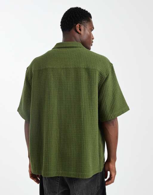 ASOS DESIGN - Mørkegrøn oversized skjorte med reverskrave og tekstur i firkantet pasform, 3 af 5