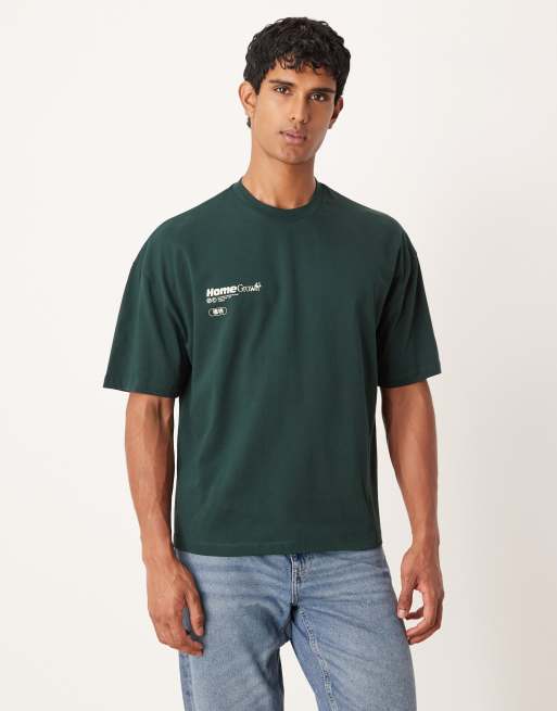 ASOS DESIGN - Mørkegrøn oversized T-shirt med blomstergrafik i firkantet pasfrom, 3 af 5