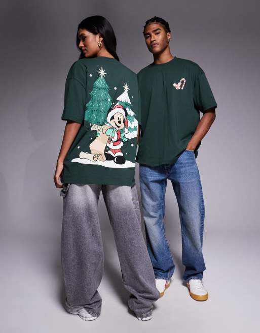 ASOS DESIGN - Mørkegrøn oversized T-shirt med 'Mickey'-juleprint i firkantet pasform