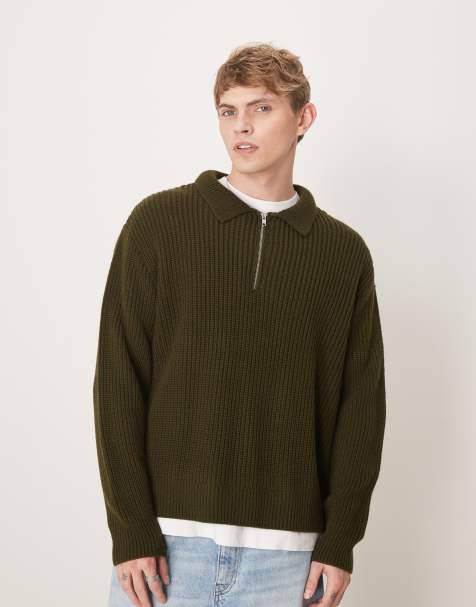 ASOS DESIGN - Mørkegrøn oversized trøje med polokrave og halv lynlås i patentstrik i firkantet pasform - view 1