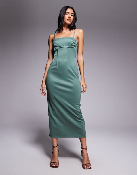 ASOS DESIGN - Mørkegrøn pencil-midikjole med synlige sømme og korsetdetalje i struktureret stof - view 1