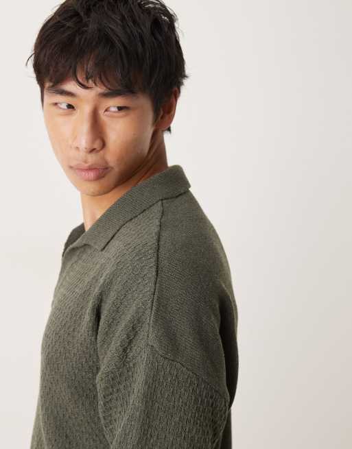 ASOS DESIGN - Mørkegrøn polo med hak i halsen i tekstureret strik i afslappet pasform, 3 af 4