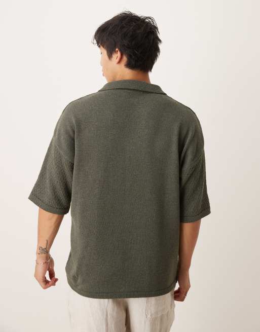 ASOS DESIGN - Mørkegrøn polo med hak i halsen i tekstureret strik i afslappet pasform, 4 af 4
