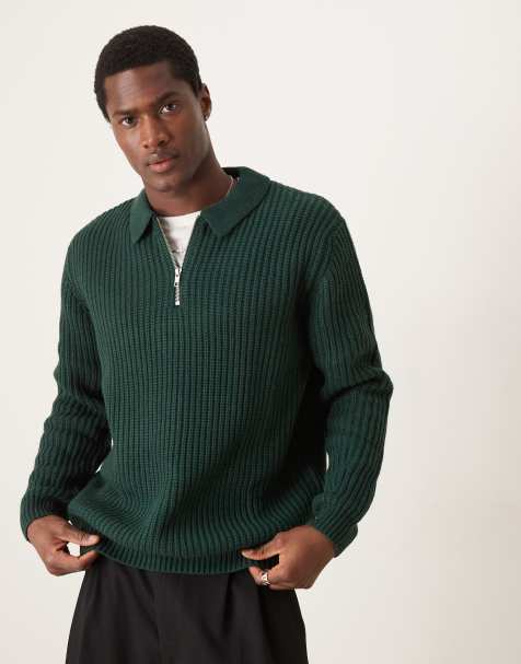 ASOS DESIGN - Mørkegrøn ribstrikket oversized trøje med kvart lynlås og krave i kraftig uldblanding - view 1