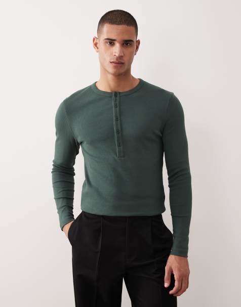 ASOS DESIGN - Mørkegrøn ribstrikket tætsiddende langærmet T-shirt med henley-hals - view 1