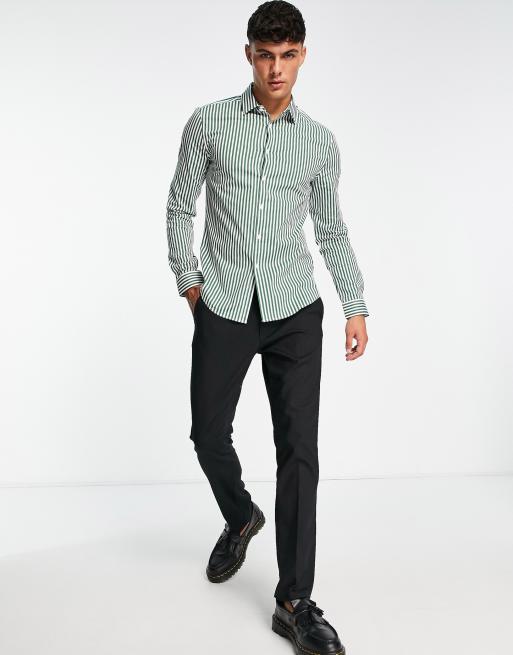 ASOS DESIGN - Mørkegrøn skjorte med striber i skinny fit, 4 af 4