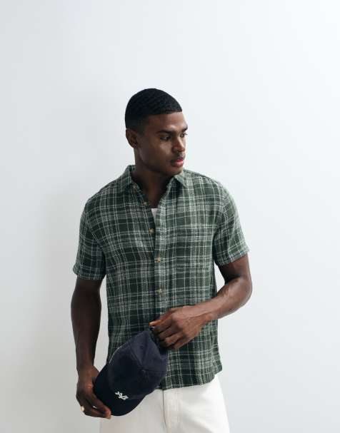 ASOS DESIGN - Mørkegrøn skjorte med teksturerede tern i regular fit - view 1