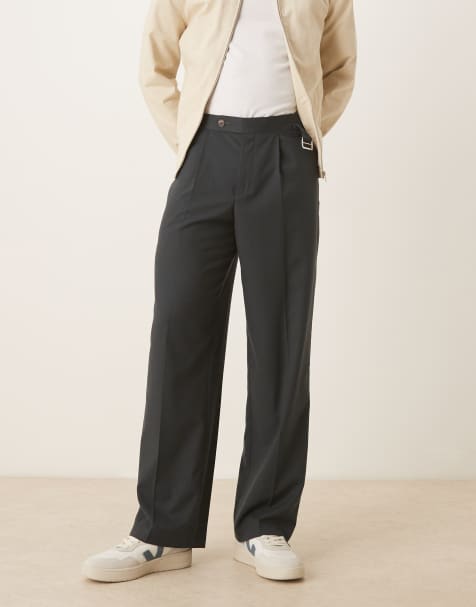 ASOS DESIGN - Mørkegrønne elegante bukser med vide ben, plisseringer foran og rem til justering i siden i flonel - view 1