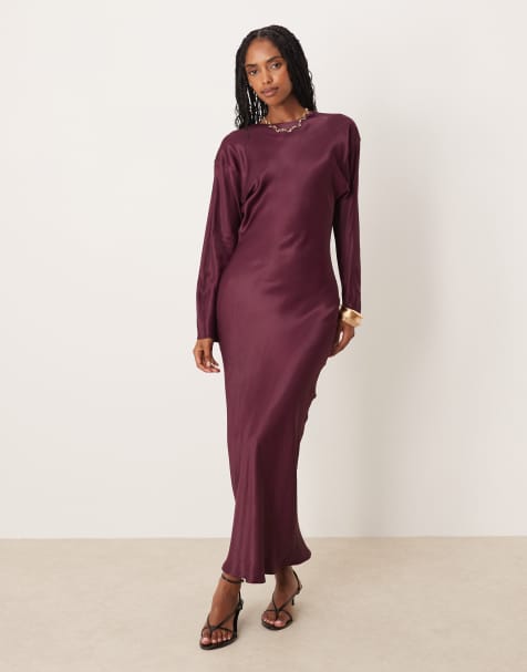 ASOS DESIGN - Mørkelilla slip-kjole i maxilængde i satin med ballonærmer og rund hals - view 1